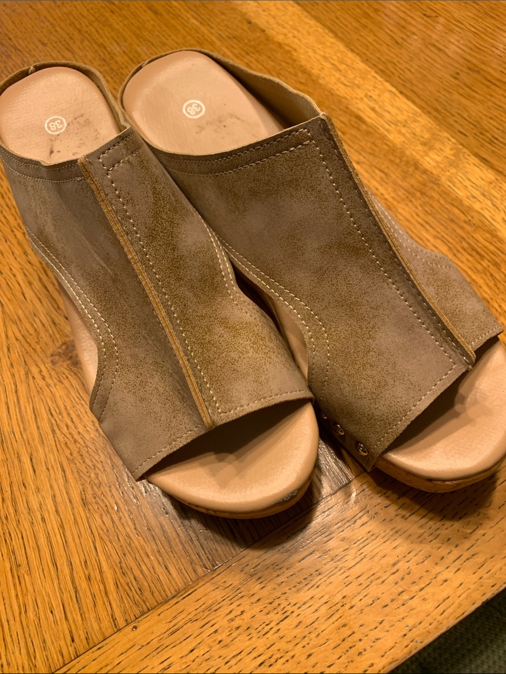 Suede Open-Toe Slide Mules in Taupe
